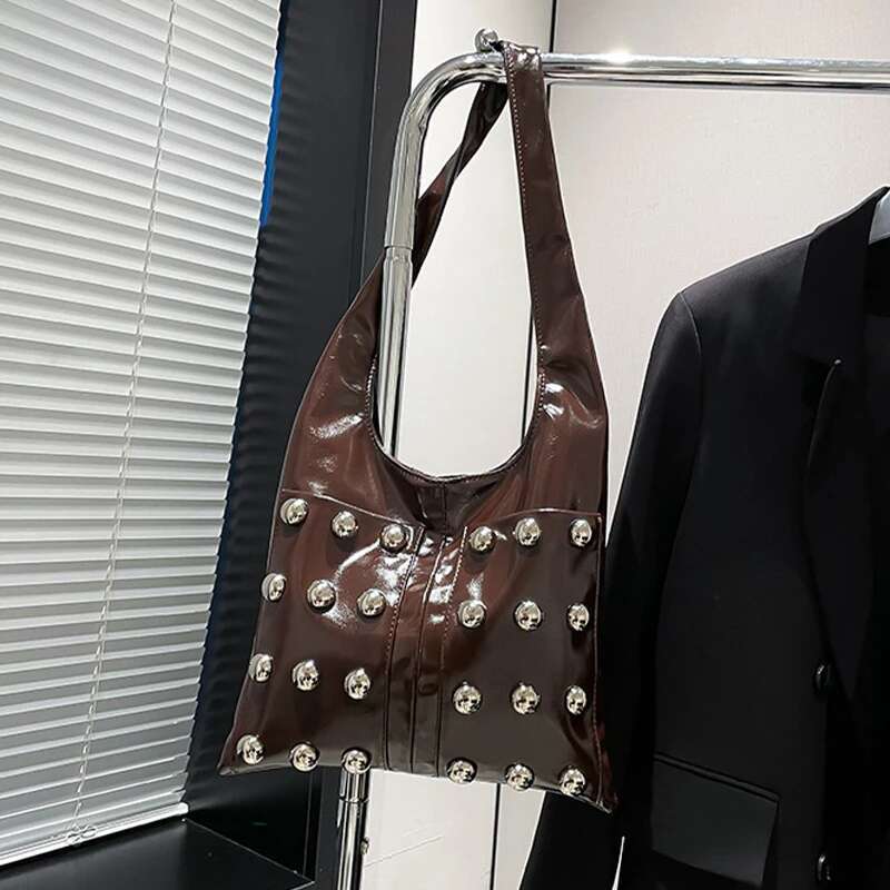 New Genuine Leather Bucket Fashionabl Personality Trendy Cool Polka Dot Rivet Casual Brand Underarm Bag Handbag