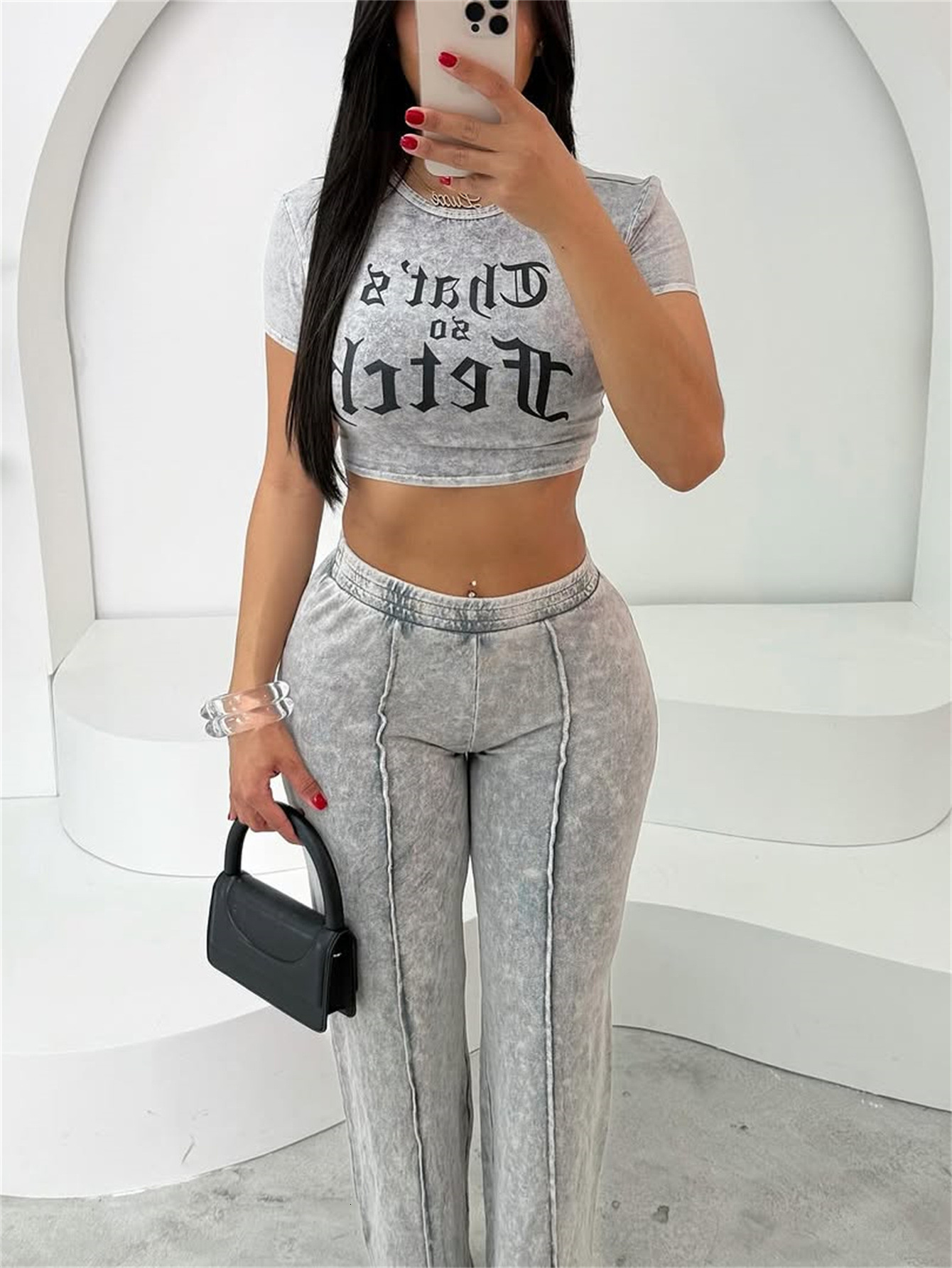 2025S Designer Women S Set New High Hiphop Solid Color Street Printed Short Sleeved Top Straight Pants Set For Women