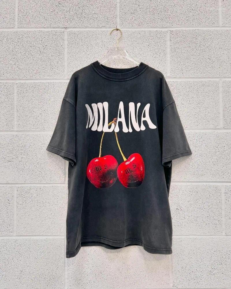 High Street Fruit Letter Print Men's Casual Short Sleeve Oversized Cotton T-shirt Men Style Summer Top Harajuku Loose Couple