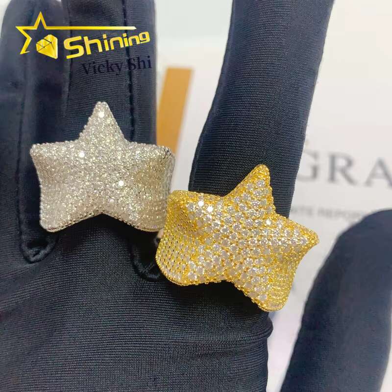 GRA Certificated Hip Hop Star Diamond Ring Custom Solid Back Men 925 Sterling Silver Gold Plated Moissanite Ring