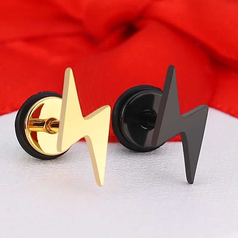 Punk Titanium Lightning Stud Earrings For Men Stainless Steel Round Cake Black Earrings Screw Piercing Jewelry Party Gift Z250408