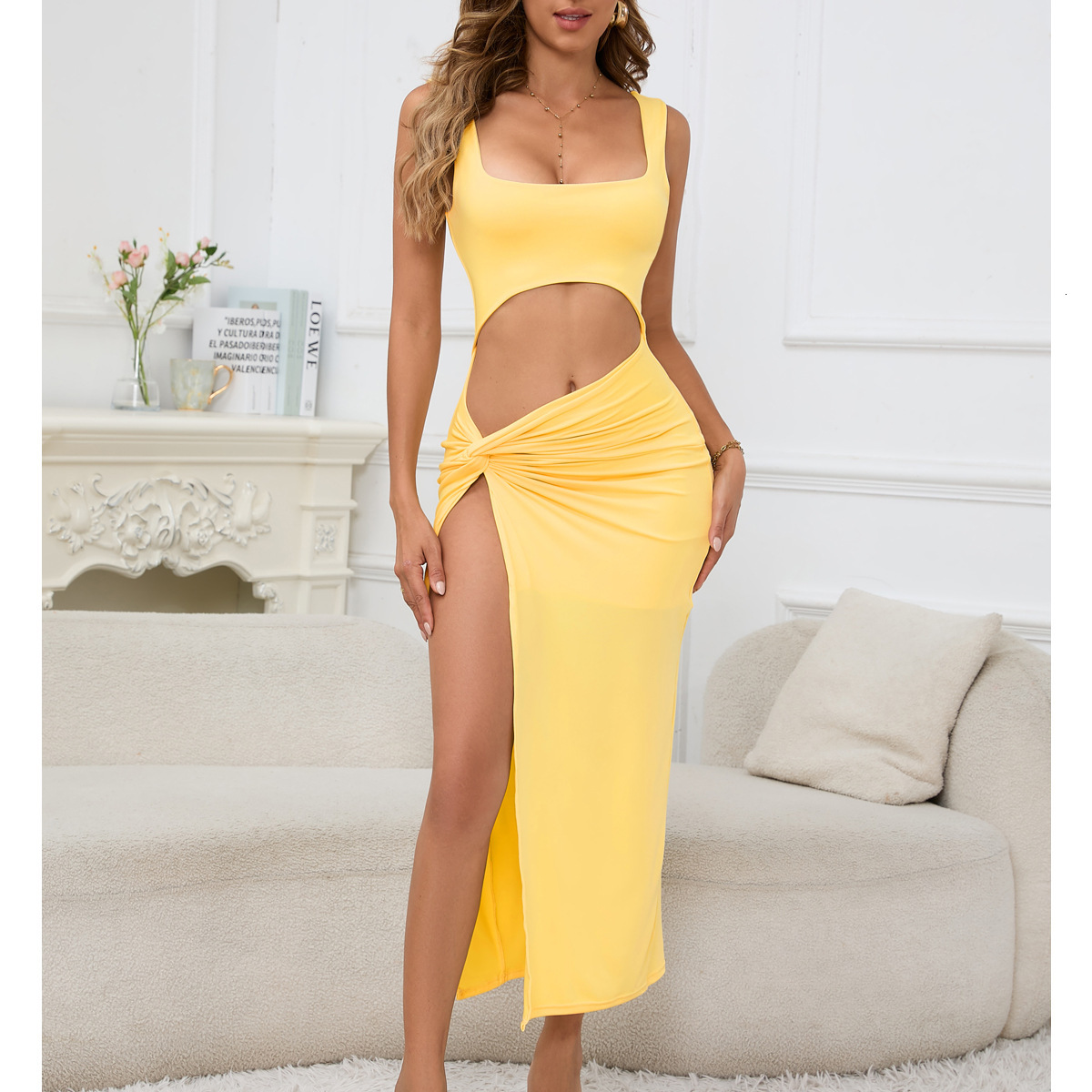 Womens long dress 2025 new style suspender solid color hollowed out navel sexy dress
