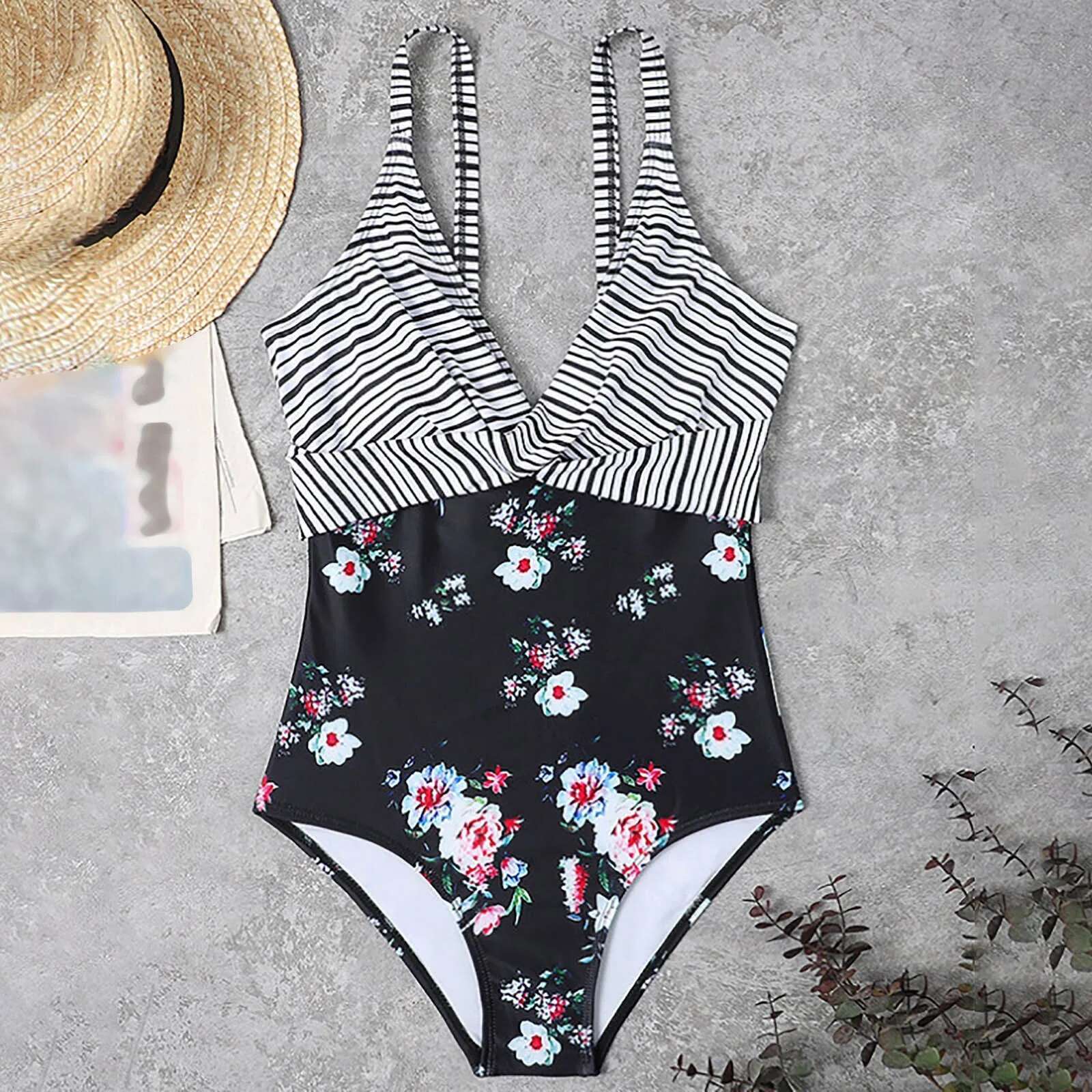 Dongdumaoyi Swimsuit For Women Piece Slimming High Waist Flower Printed Swimwear V Neck Trendy