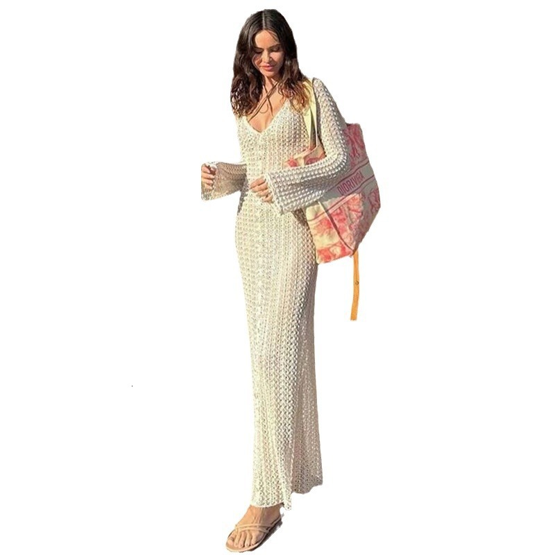 Spring New Beach Skirt Womens Solid Color Sexy Knitted Hollow Beach Bikini Swimsuit Womens Dress
