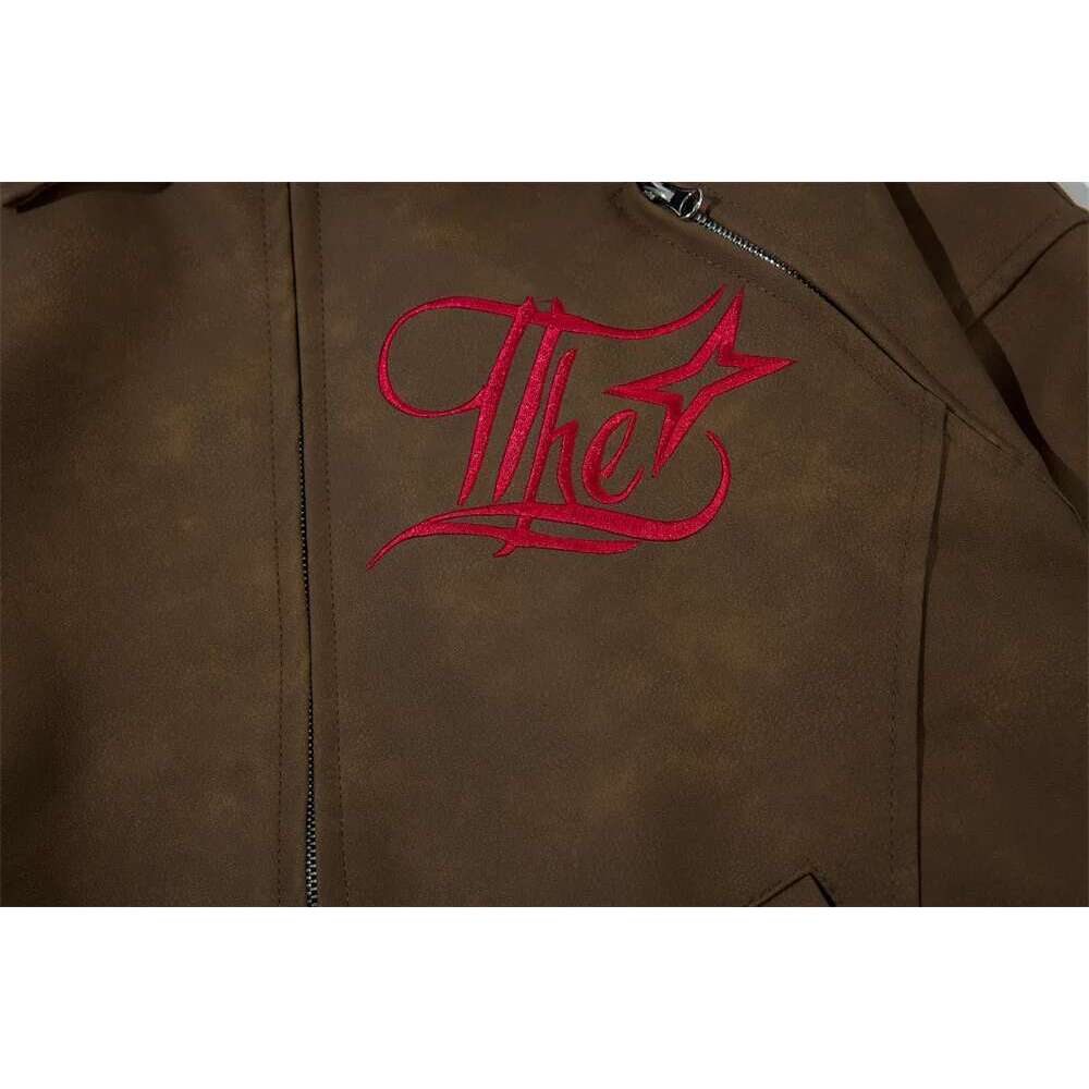 Letter Embroidery Spliced Leather Jacket Mens Retro High Street Autumn Winter Lapel Long Sleeve Outerwear Men
