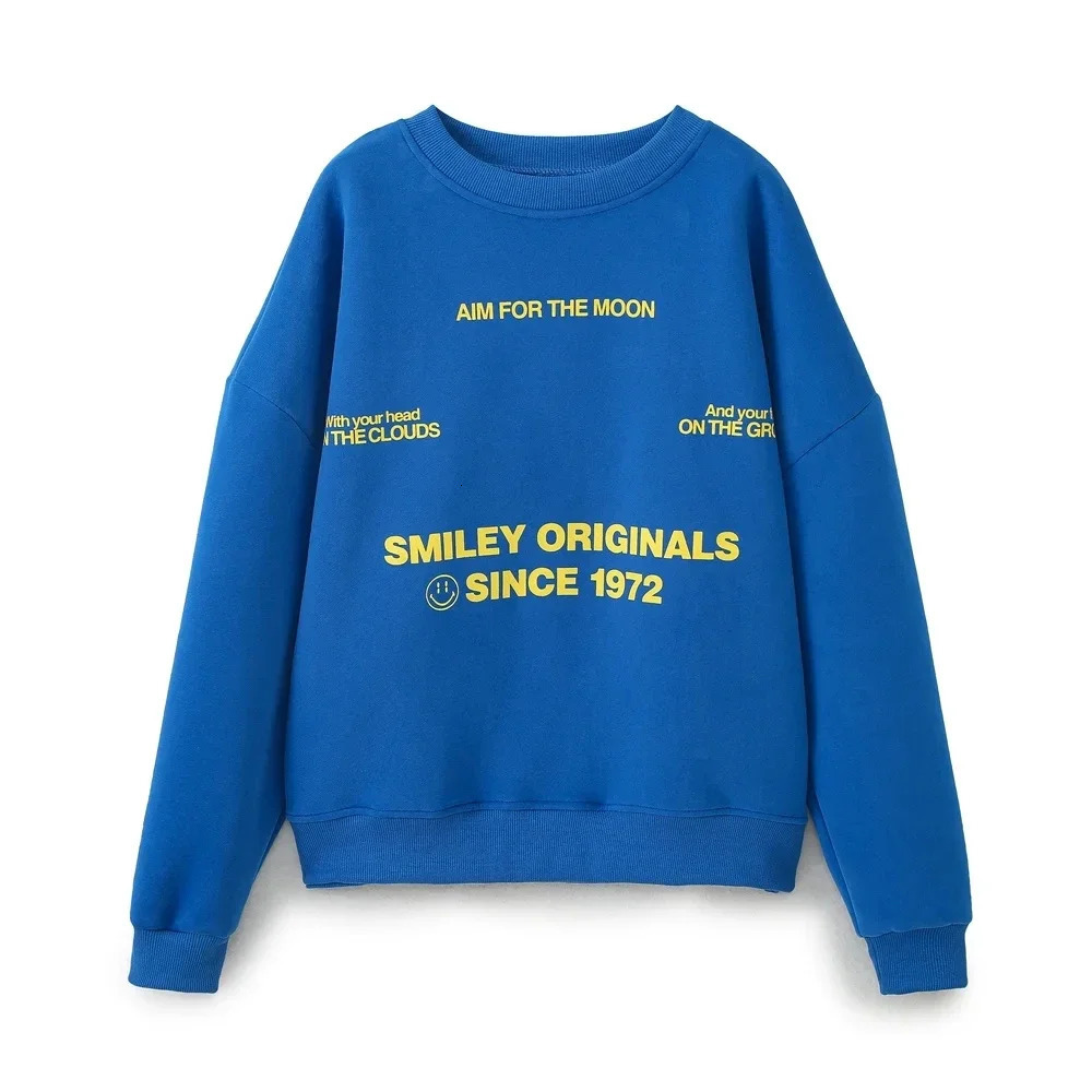 Spring Womens Fashion Sports Pullover Retro Round Neck Loose Long Sleeve Letter Printed Blue Street Clothing 240409