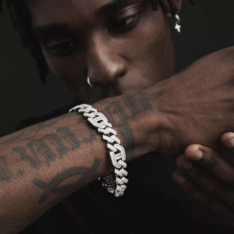New Fashion 12mm Cuban Link Chain Iced Out Silver 925 Hiphop Jewelry Moissanite Bracelet