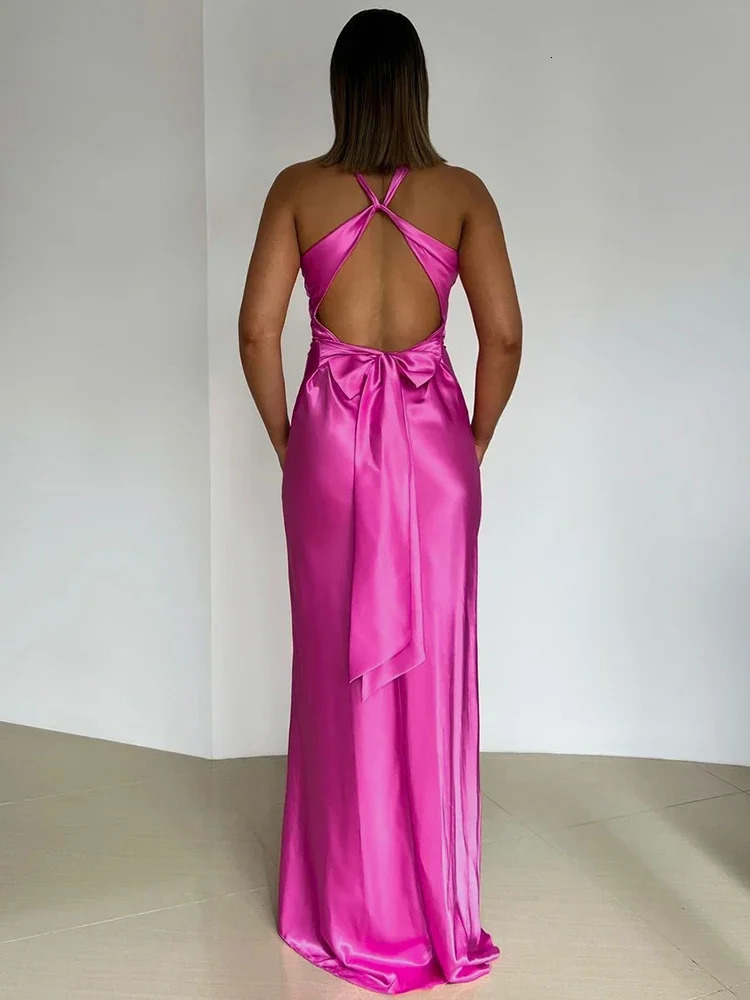 Xiaotang satin bow backless sexy long skirt womens fashion Vneck sleeveless club party dress elegant 250409