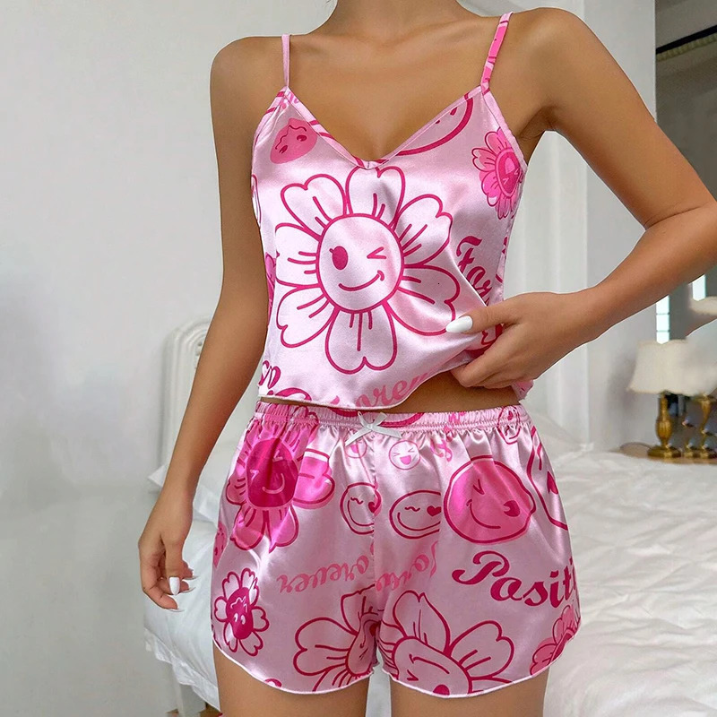 Womens Pajama Set Summer Sexy Vneck Home Clothing Satin Shorts 2piece Casual 250409