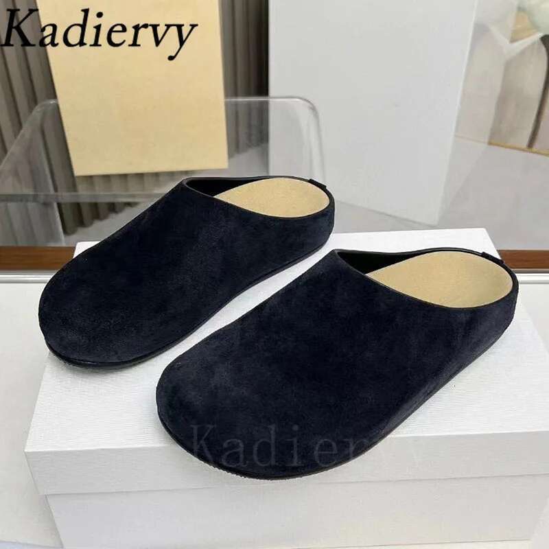 New Cow Suede Round Toe Flat Slides Outdoors Casual Mules Shoes Women Comfort Thick Sole Half Slippers Woman