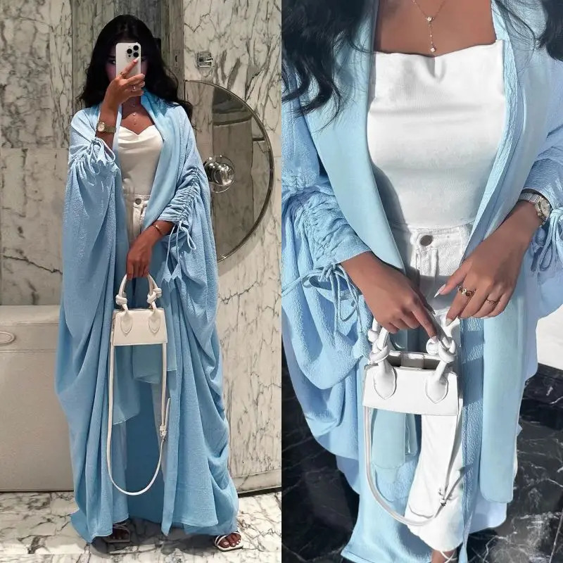 Womens Muslim Dubai Bat Sleeve Casual Loose Fashion Dress Light Blue Arab Open Knitted Woolen Sweater Abaya 250409