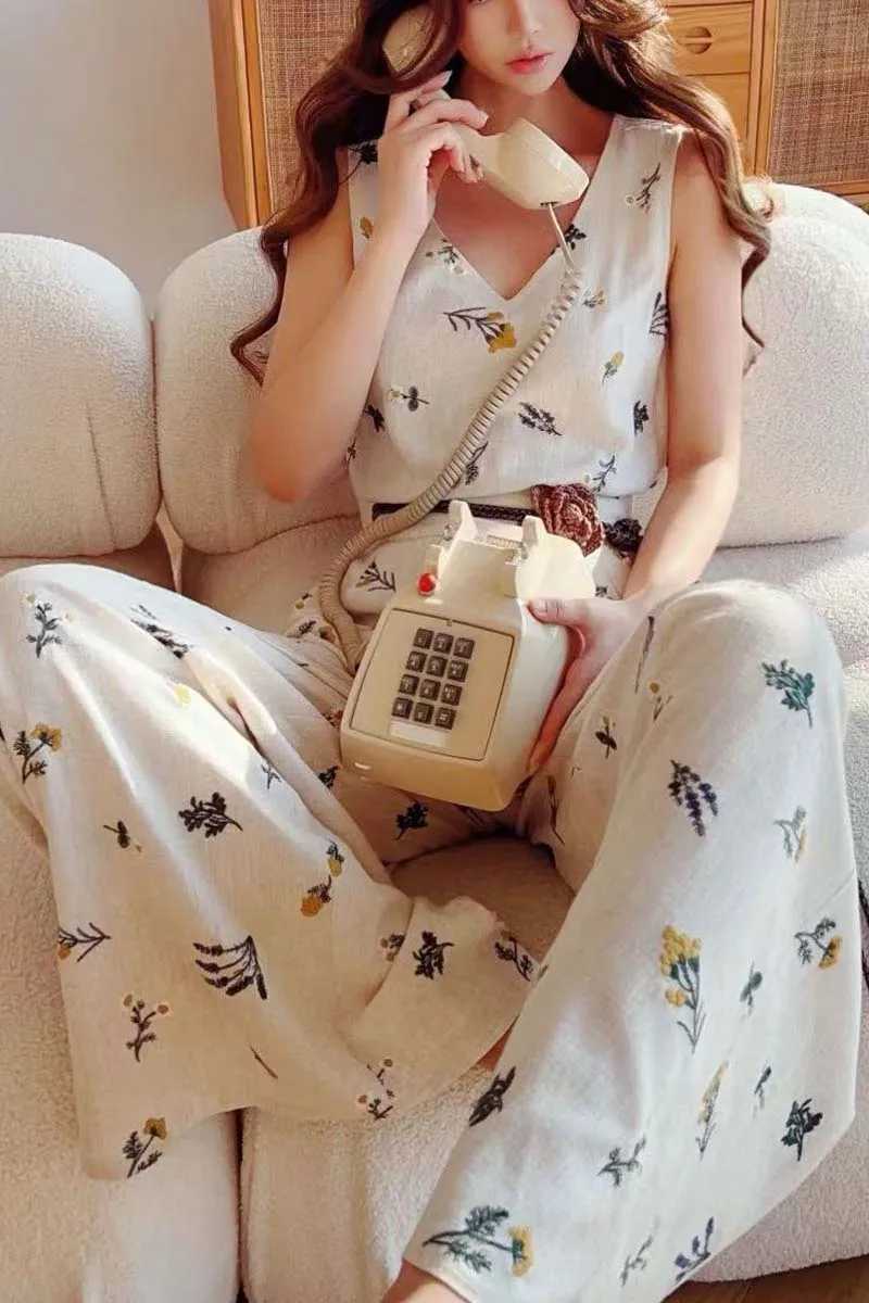 Spring Linen Embroidered Pants Womens Pants Casual Empire Leg Belt Floor Length Trousers Y2K 2025 New DABUWA DM2ATR012XJ250403