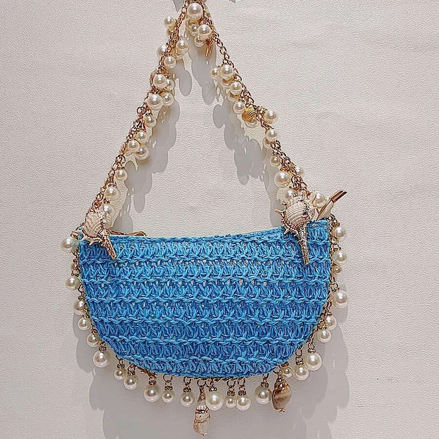 Bohemian Pearls Woven Straw Conch Starfish Women Handbags Half Moon Beach Shoulder Bag Design Rattan Crossbody Bags Totes
