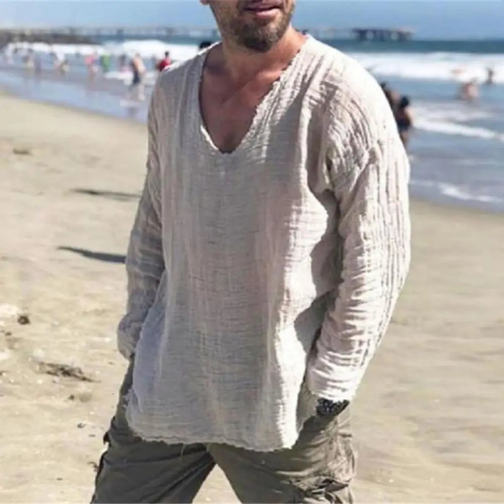 Men V-neck Long Sleeve Shirt Tops Burr Edge Pleated Loose Thin Pullover Tops Streetwear Spring Autumn Casual Handsome Men Shirts 250408