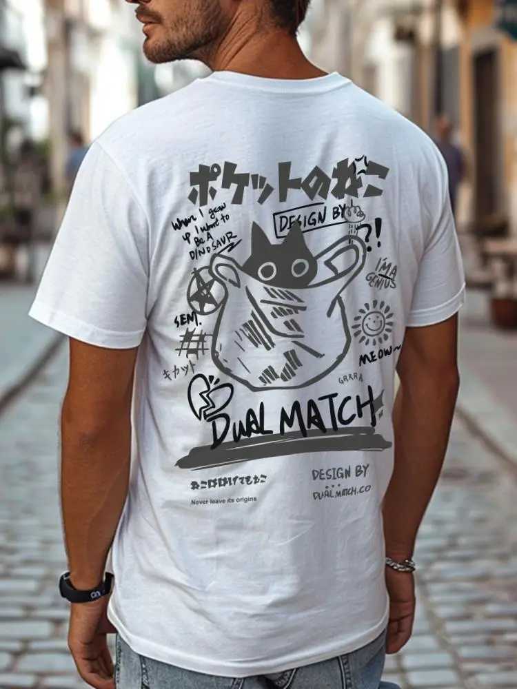 Hip hop T-shirt mens street clothing Japanese Hanzi funny cat print T-shirt 2024 Harajuku casual short sleeved T-shirt topXJ250409