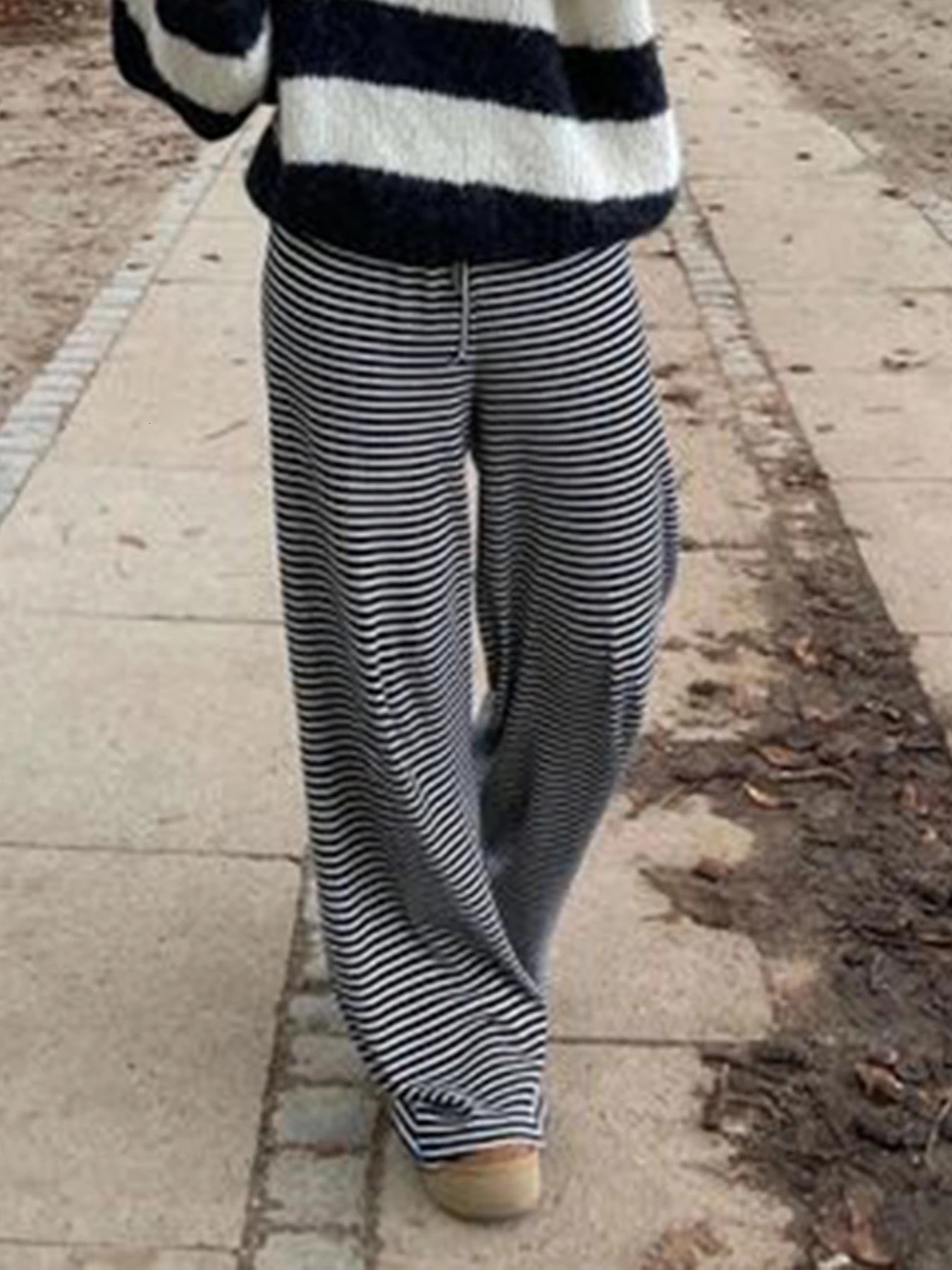 Rockmore Fashion Low Waist Pants Women Fall Casual Streetwear Y2K Striped Print Wide Leg Trouser Baggy Female Straight Pant 250409