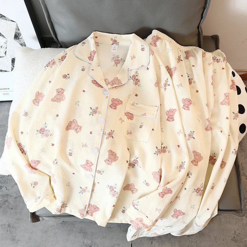 Womens Pajama Set Y2K Cartoon Bear Flower Print Autumn Kawaii Harajuku Style Casual Home 250409