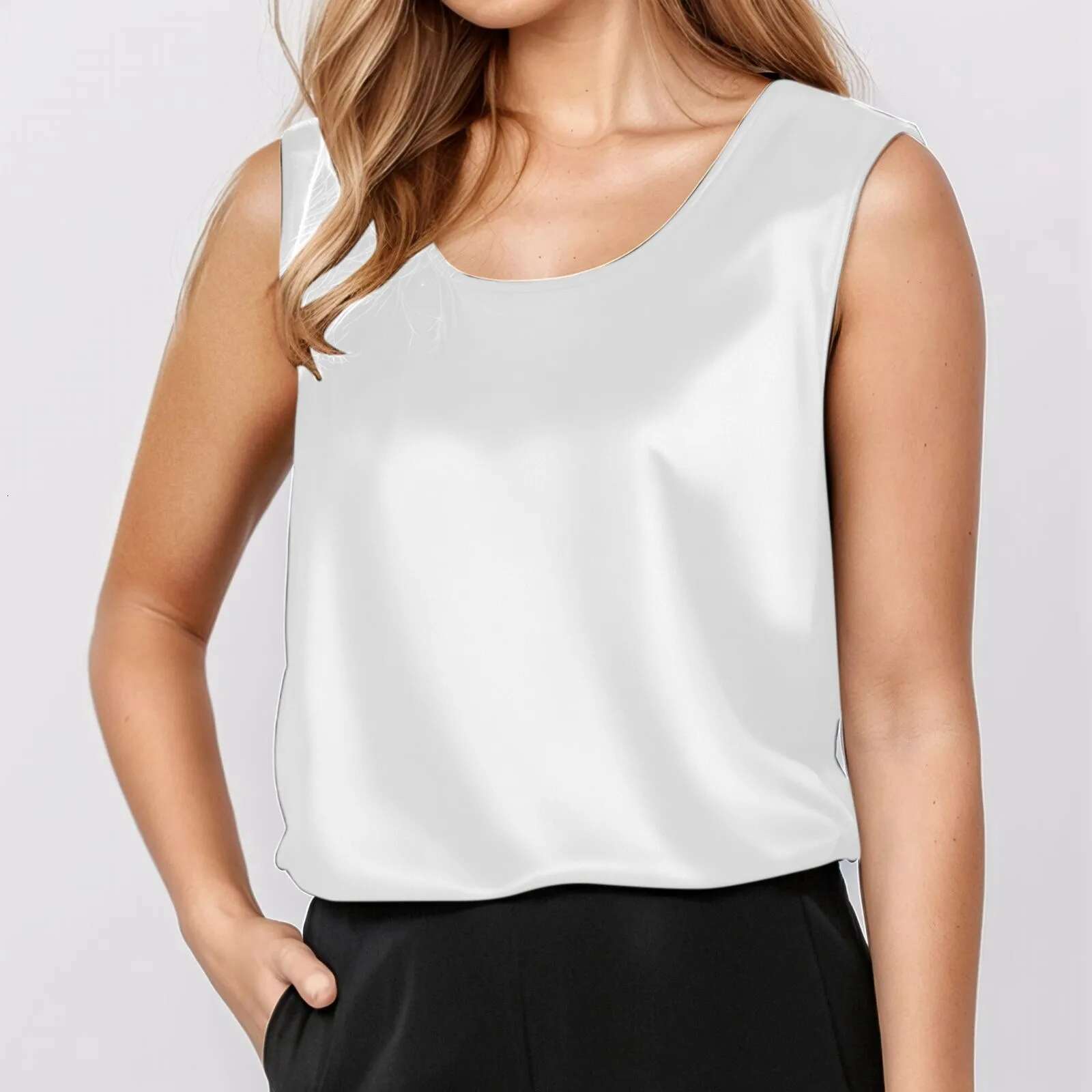 Dongdumaoyi Fashion Summer Satin Tank Women New Casual Sleeveless T Shirt Loose O Collar Elegant Versatile Champagne Top Women S Tight Underwear