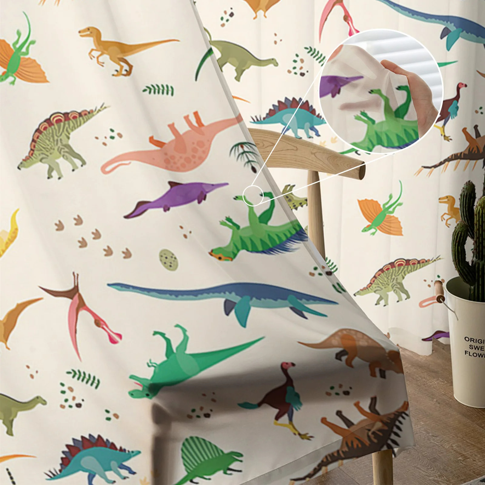 Colorful dinosaur chiffon transparent window screen living room curtains bedroom modern Voile organic decorative curtains 250409
