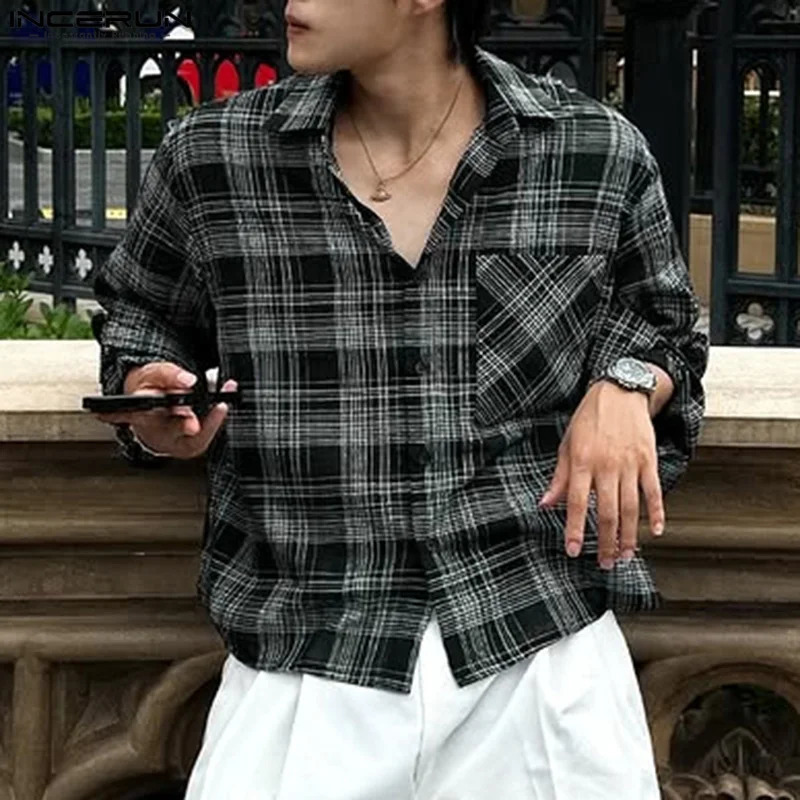 Spring and summer mens long sleeved fashionable plain shirt with collar INCERUN casual top mens clothing street wear oversized T-shirt 250408