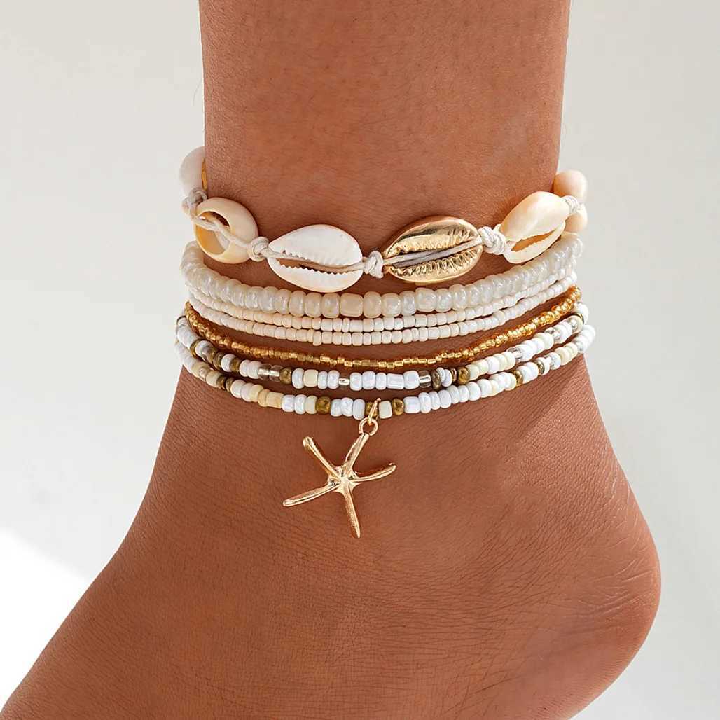 7pc/set Bohemian Rice Beads Starfish Pendant Anklet Set Fashion Summer Beach Sea Shell Multilayer Ankle Bracelet On Foot Jewelry Z250408