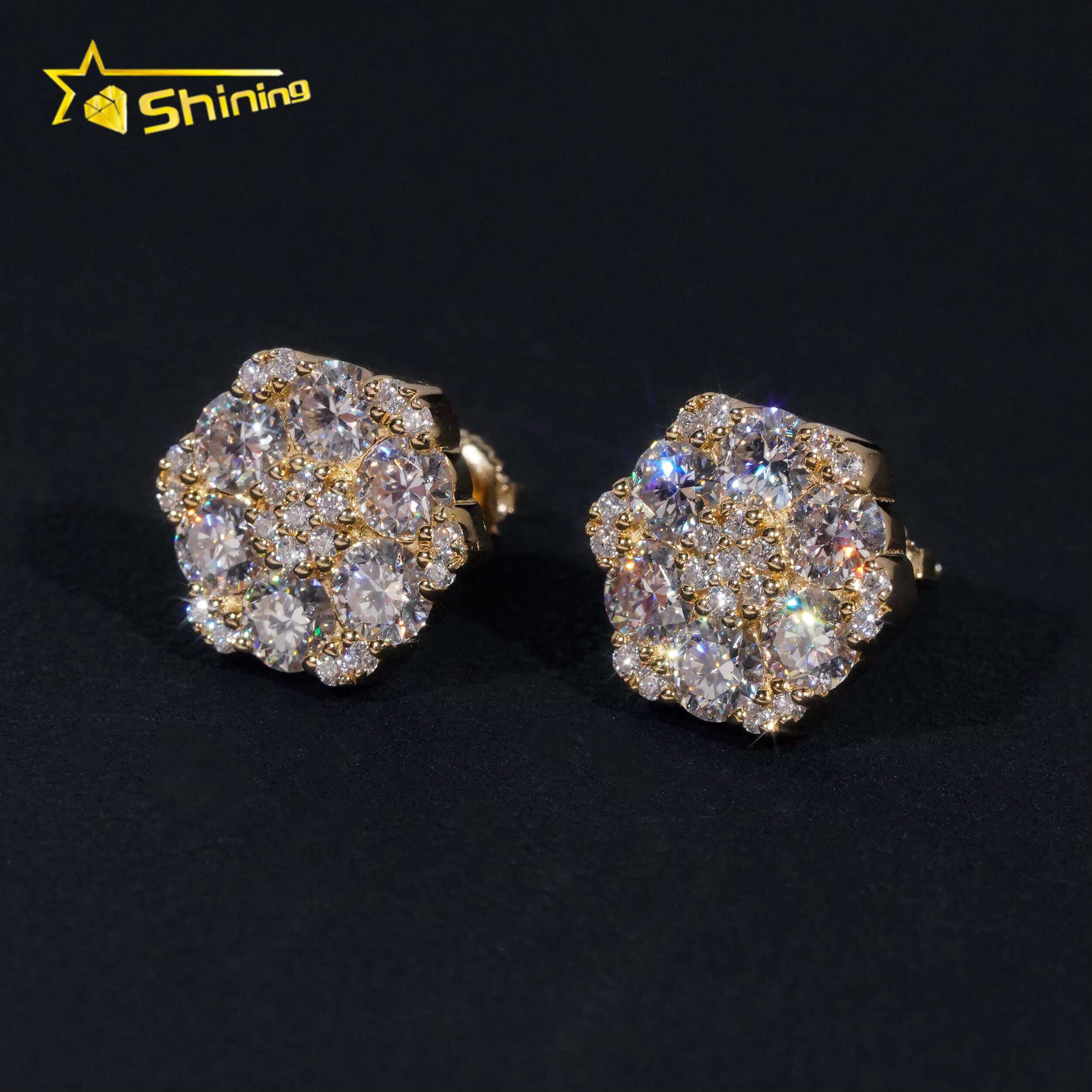 Fine Jewelry Flower Design Screw Back Ear Studs Iced Out 925 Sterling Silver Gold Plated Moissanite Stud Earrings Ready to Ship