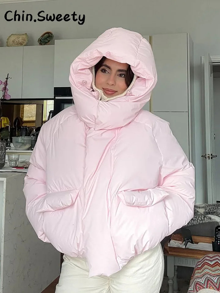 Warm Womens Hooded Cotton Padded Coats Loose Solid Stand Collar Full Sleeve Zipper Pockets Coat 2025 Autumn Winter Lady Outwear 251105