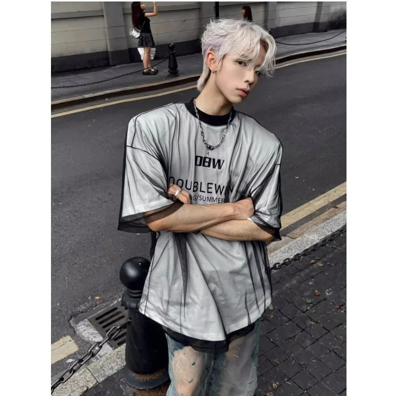 Summer American Street Black Grid Splicing Harajuku Oversized Round Neck Mens T-shirt Trendy Gothic Casual Half Sleeve Top 250408