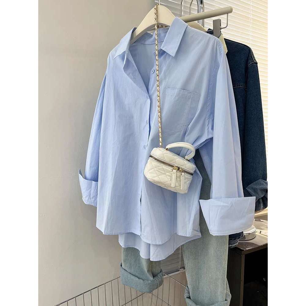 Blue shirt jacket, women's spring autumn design sense, niche shirt, small figure, casual and loose layered long sleeved top