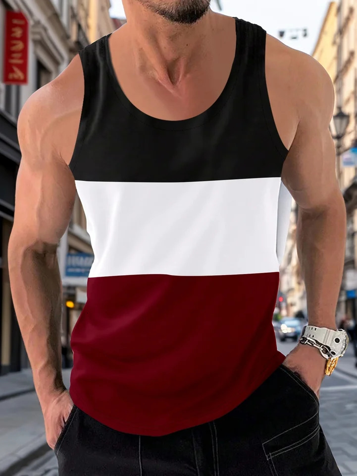 Summer casual sports vest mens breathable loose training sleeveless Tshirt color matching fitness suit 250409