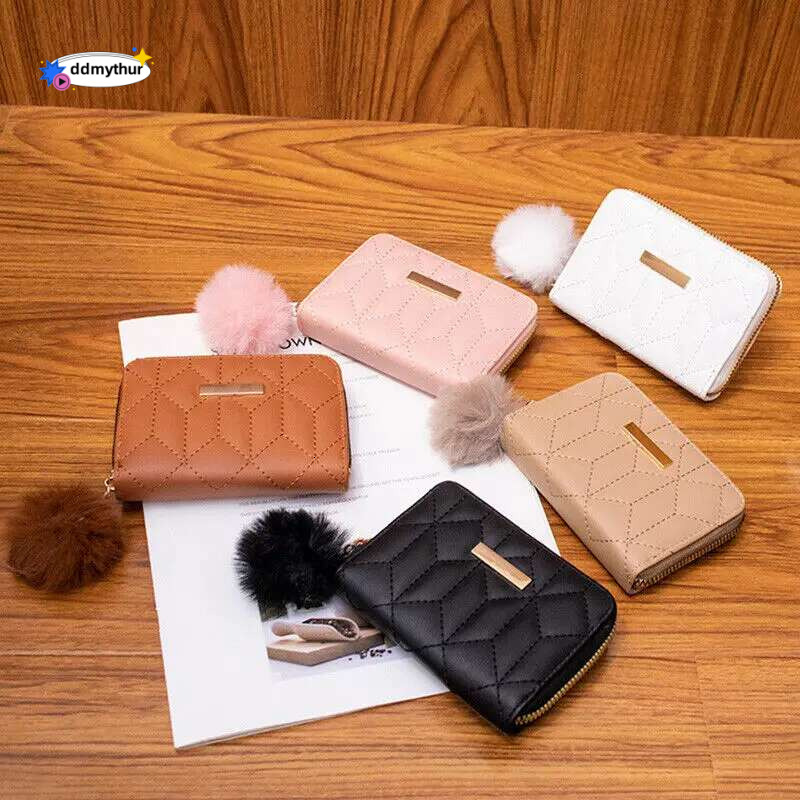 Mini Short Wallet Women'S Leather Credit Organizer Coin Purse Pompom Ball Pendant Fashion Clutch Money Bag Card Holders ddmythur