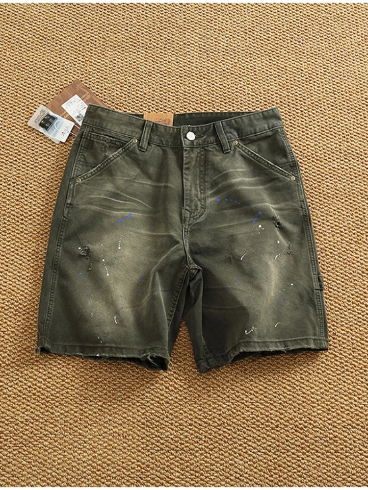 American Retro Cowboy Cargo Shorts for Men in Summer 100% Cotton Washed Used Spray Painted Straight Casual 4point Pants 250409