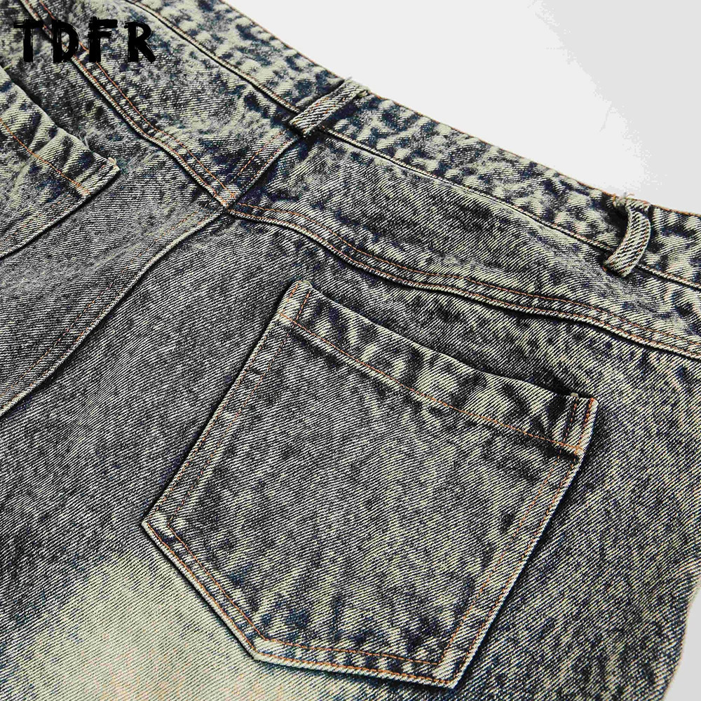 Camouflage patchwork denim shorts mens summer retro streetwear uncomfortable to wash loose wide leg 250409