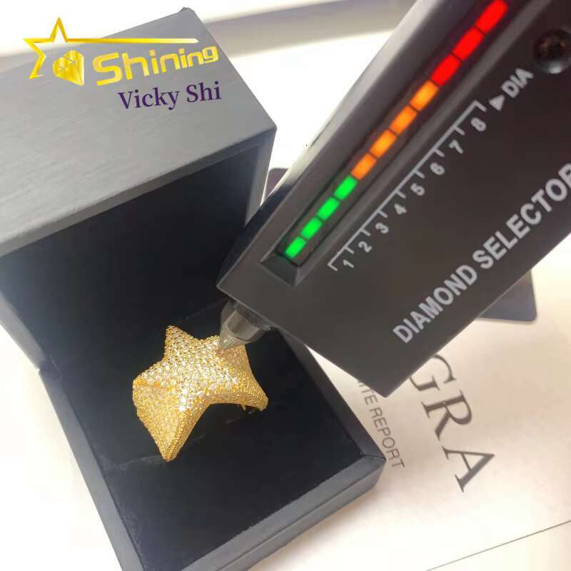 GRA Certificated Hip Hop Star Diamond Ring Custom Solid Back Men 925 Sterling Silver Gold Plated Moissanite Ring