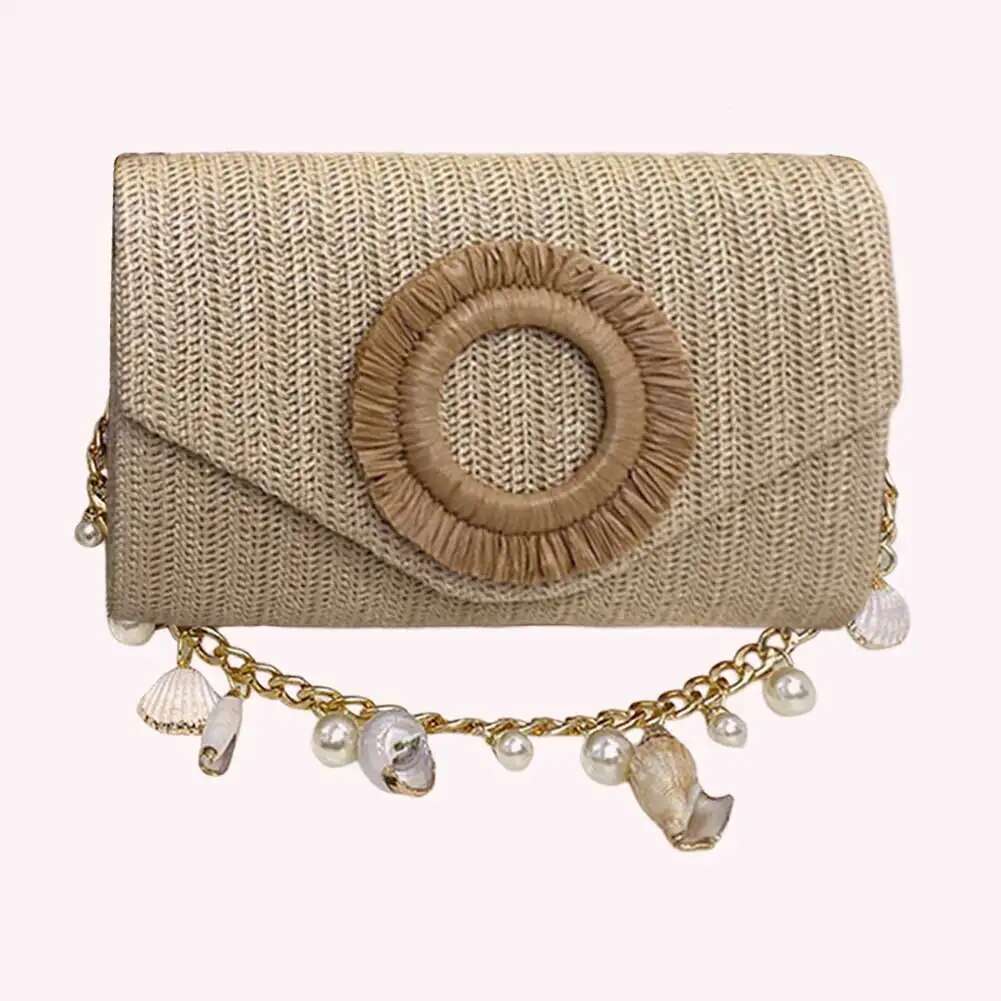 Women Elegant Straw Handbag Large Capacity All-Match Shell Clutch Stylish Knit Evening Travel Shopping Commute Bag