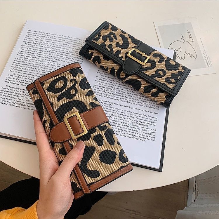 Fashion leopard print canvas wallet short coin wallet multi card slot buckle long handbag new trendy designer wallet