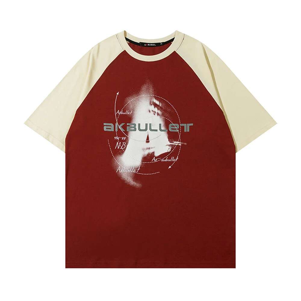 Contrast Paneled Short Sleeve T-Shirt Mens Summer Streetwear Round Neck Cotton Tee Loose Casual Print Half-Sleeve Clothes Men