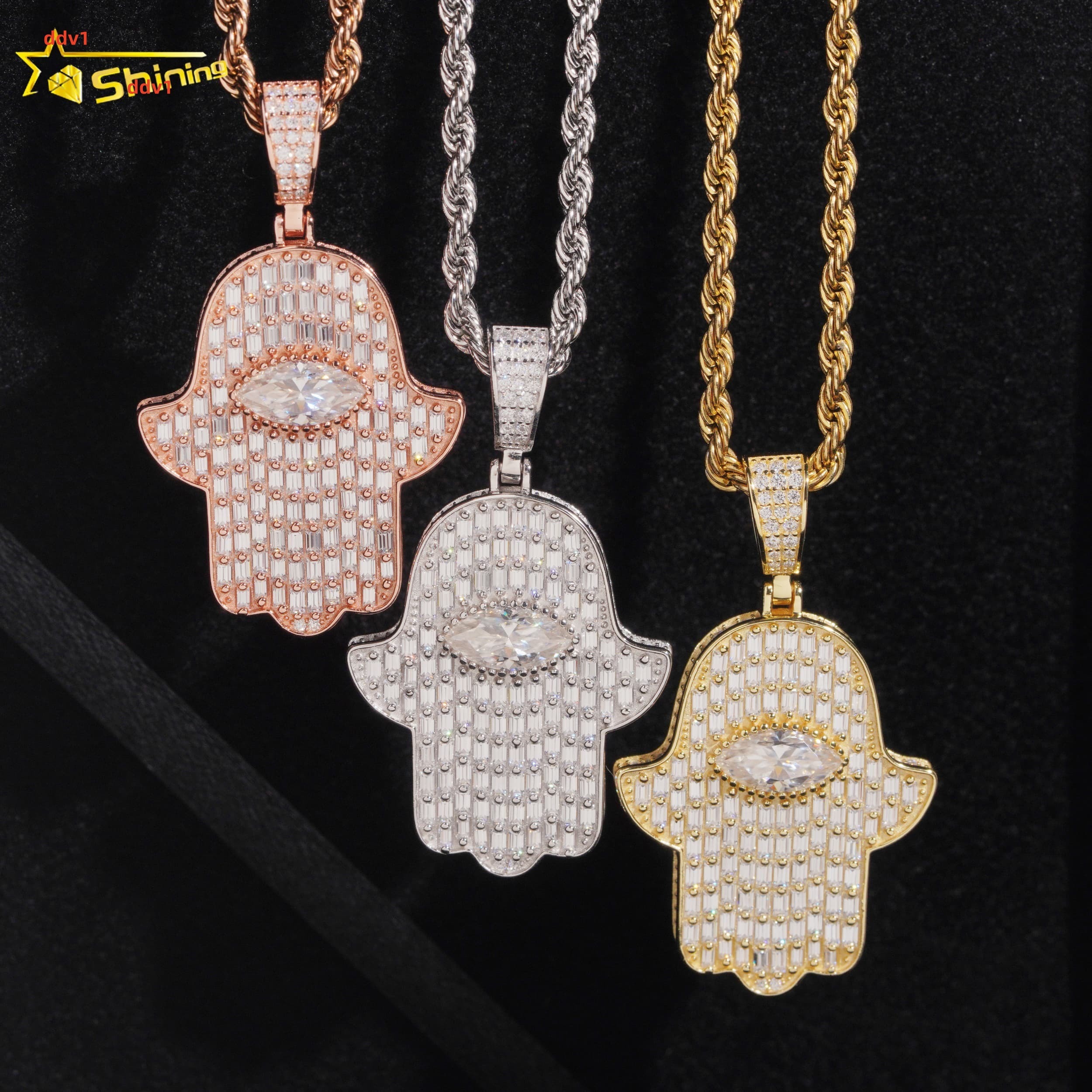 New Arrival Iced Out Baguette Moissanite Hamsa Pendant GRA Certificated 925 Silver Custom Pendant Moissanite Hip Hop Jewelry