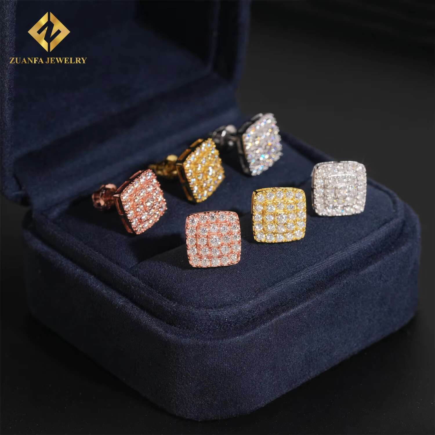 RTS Luxury 925 Silver 3Rows VVS Moissanite Square Hip Hop Jewelry Screw Back Earrings Iced Out Diamond Ear Studs Unisex