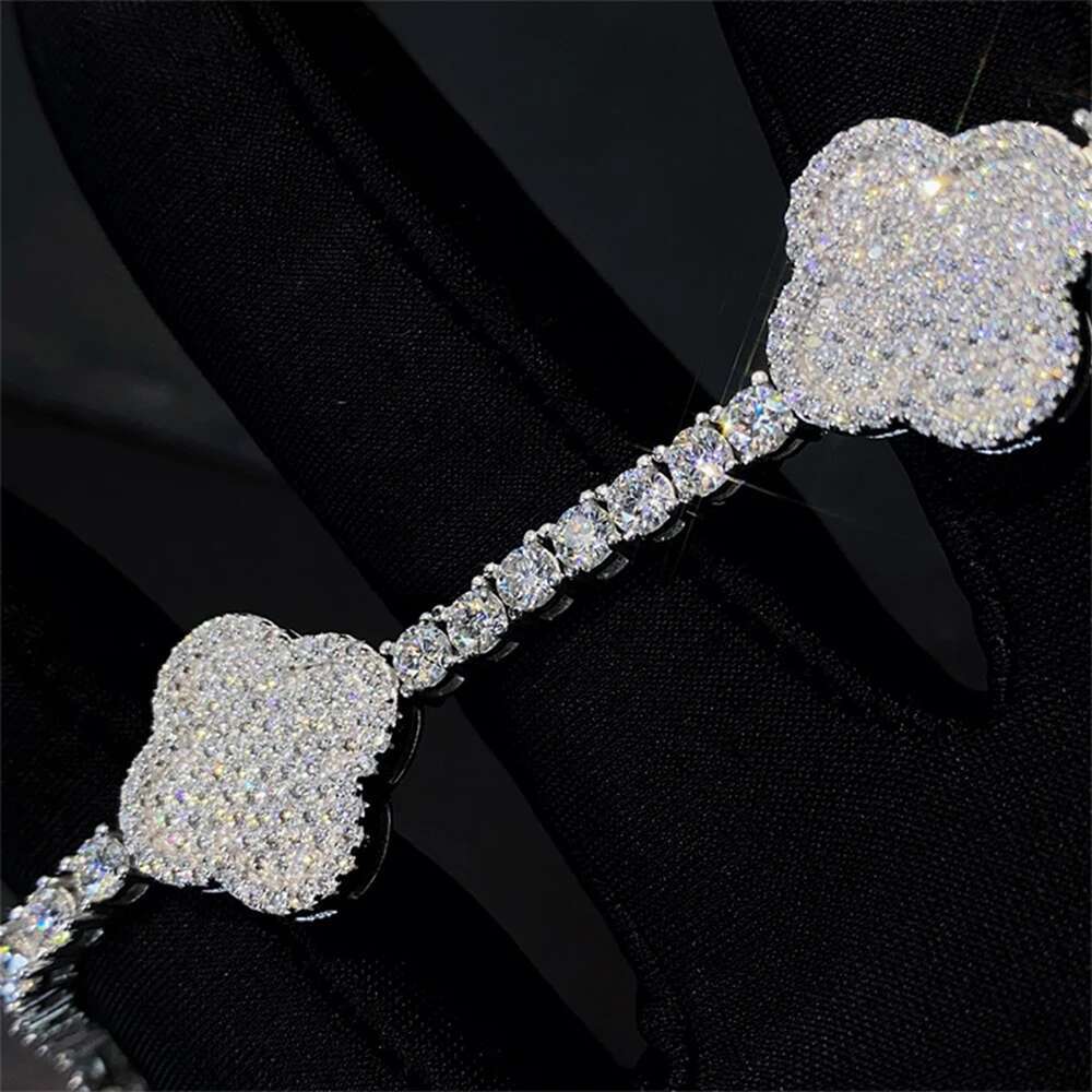 3-4mm Clover Moissanite Tennis Chain S925 Silver Bracelets For Women Iced Out Hand Chain Pass Diamonds Tester With GRA Hip Hop