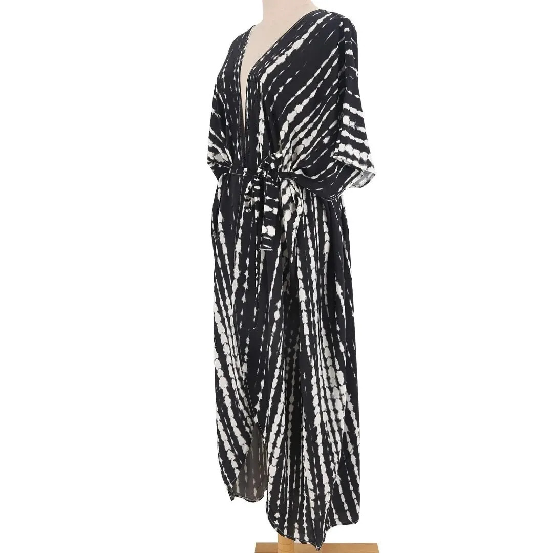 Womens beach cover Ups open front tie dye Maxi top kimono swimsuit belt 250409