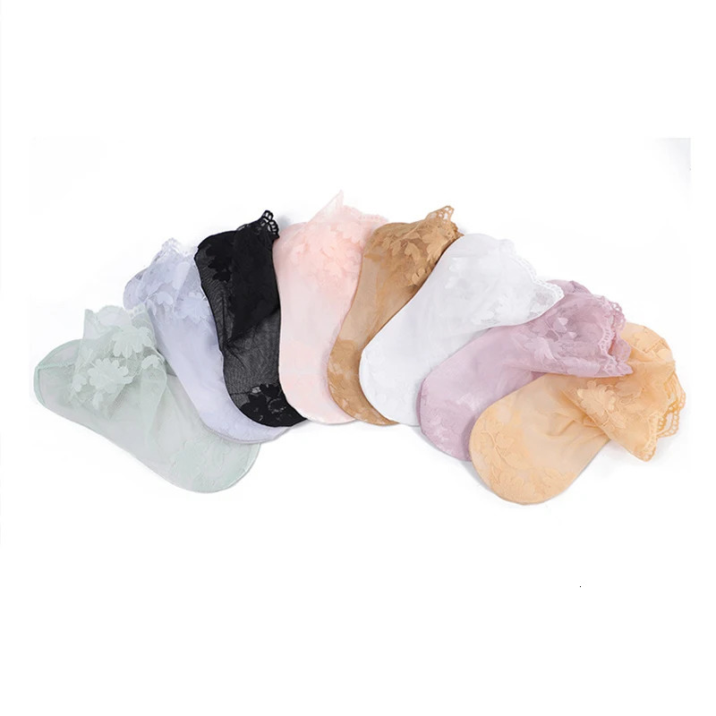 5 PairsLot Socks womens Lace Transparent Lolita Invisible Summer Thin Non-slip Short Ankle Black Low Cut Boat Sock 250409