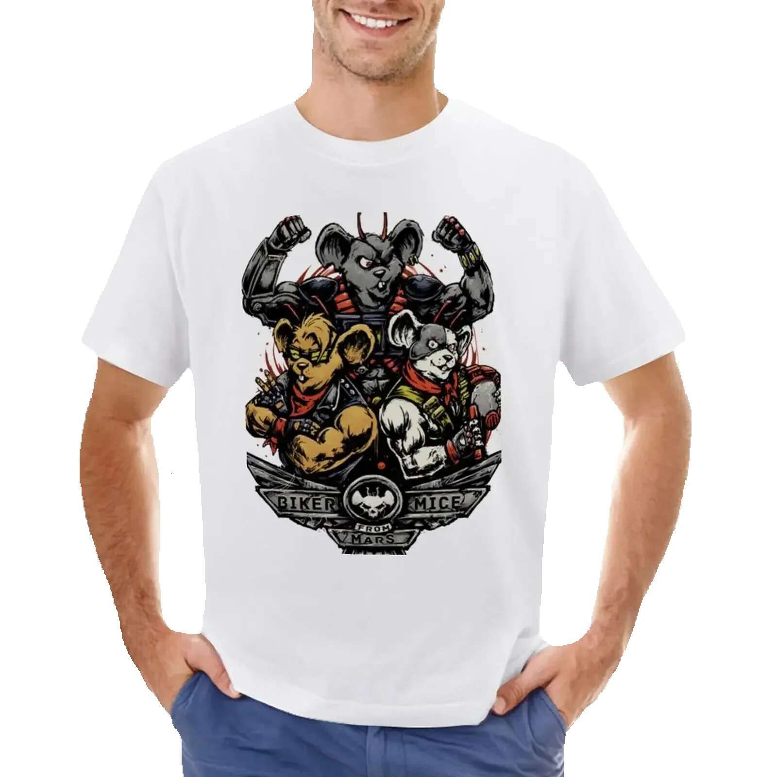 Boy's animal print shirt, fun regular T-shirt, men's bicycle, mouse, Mars top, oversized cartoon casual pattern