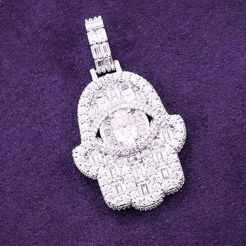 Hip Hop GRA Bling VVS Moissanite 925 Sterling Silver Pass Diamond Tester Baguette Fatima Lucky Hamsa Hand Pendant for Men