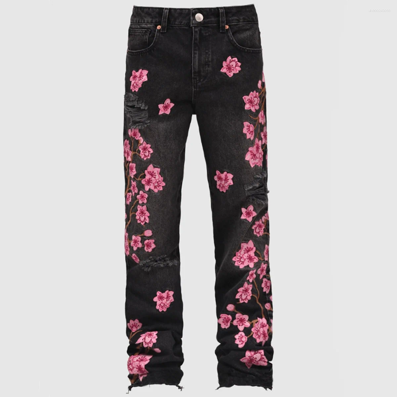 Embroidered Wide Leg Trousers Stacked For Men's Jeans European Ripped Holes Floral Patchworks Denim Pants Male's Fashion Clothes