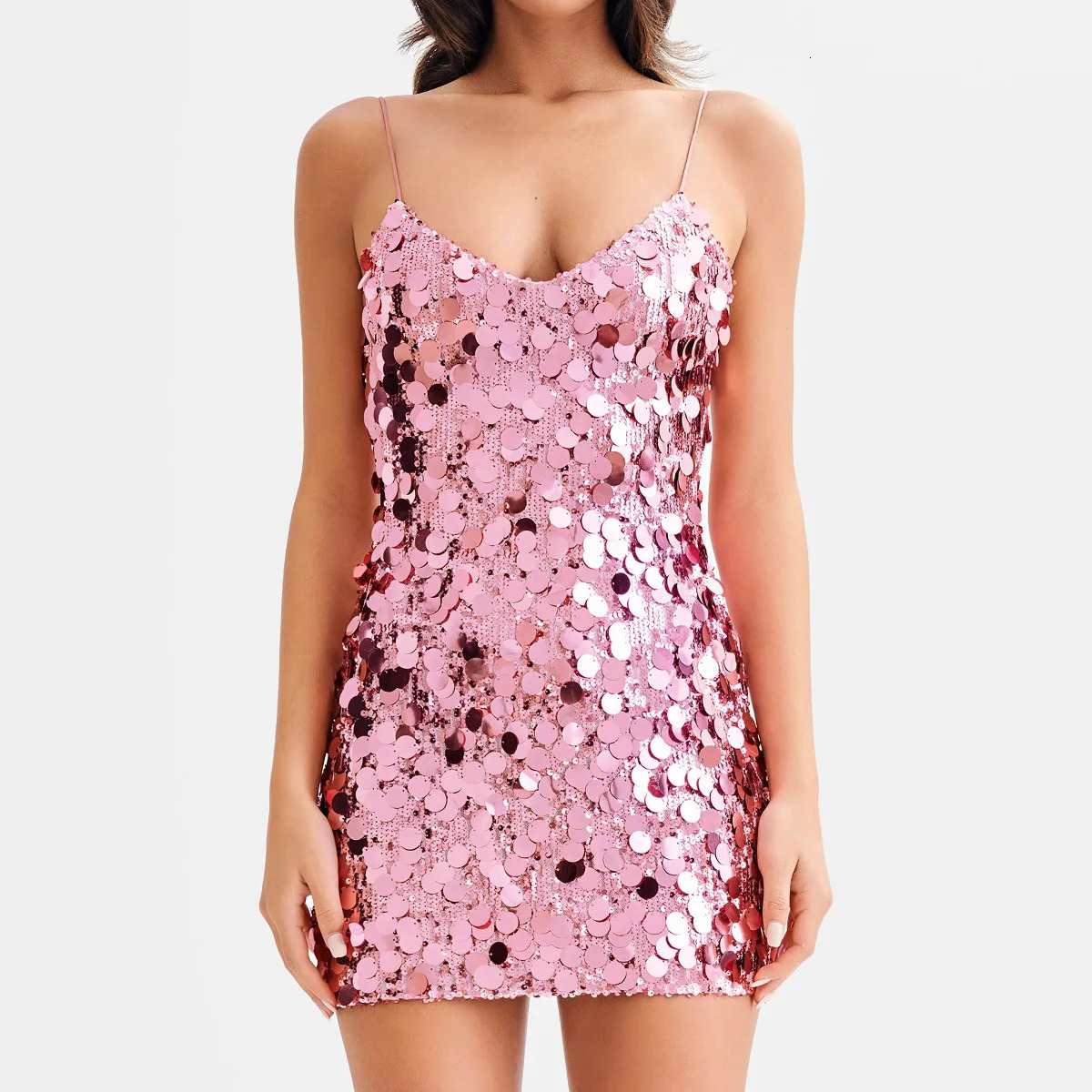 Sexy spaghetti strap sparkling sequin mini dress for women pink sleeveless Vneck body nightclub cocktail party 250409