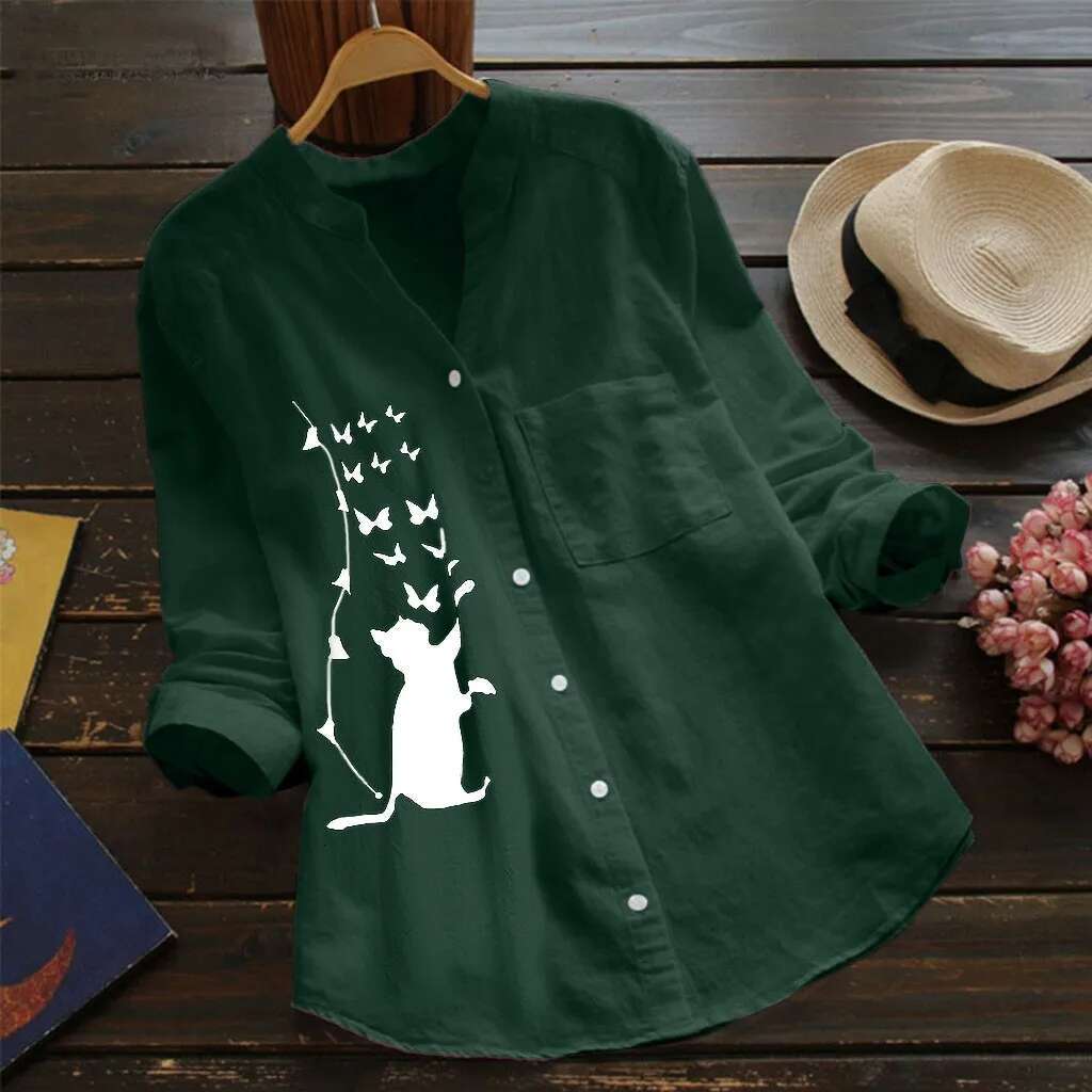 Dongdumaoyi Summer New Women Shirt Cat Printed Cotton Linen Blouse V Neck Casual Long Sleeve Button Down Top Clothes Chemise Femme T Shirt
