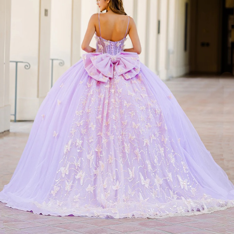 Lilac Shiny Princess Quinceanera Dresses Spaghetti Strap Beading Crystal Bow Tull Sweet 16 Dress Ball Gown Vestidos 15 De Anos