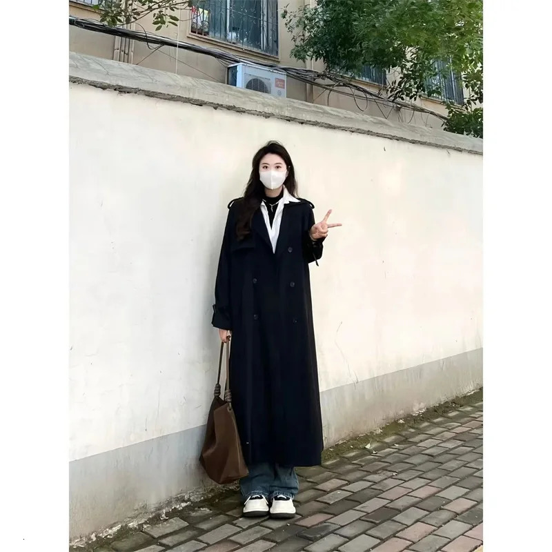 loose trench coat Midi length fashionable Korean elegant khaki black womens windproof casual double chest top 250409