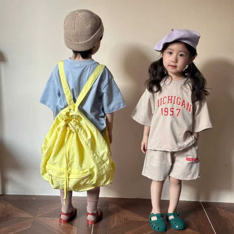 Summer Childrens Family Sports Set Boys and Girls Blue Almond Letter Shoulder Down Short Sleeve Loose T-shirt+Shorts Baby Clothing H83695 S2548